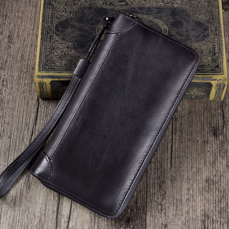 复古男士手工头层长款拉链牛皮钱夹 古时袋钱包