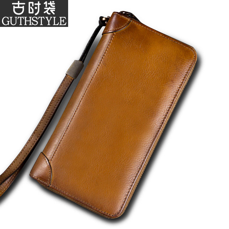 复古男士手工头层长款拉链牛皮钱夹 古时袋钱包