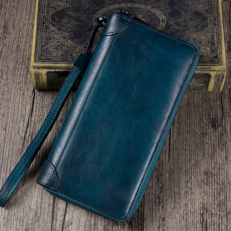 复古男士手工头层长款拉链牛皮钱夹 古时袋钱包