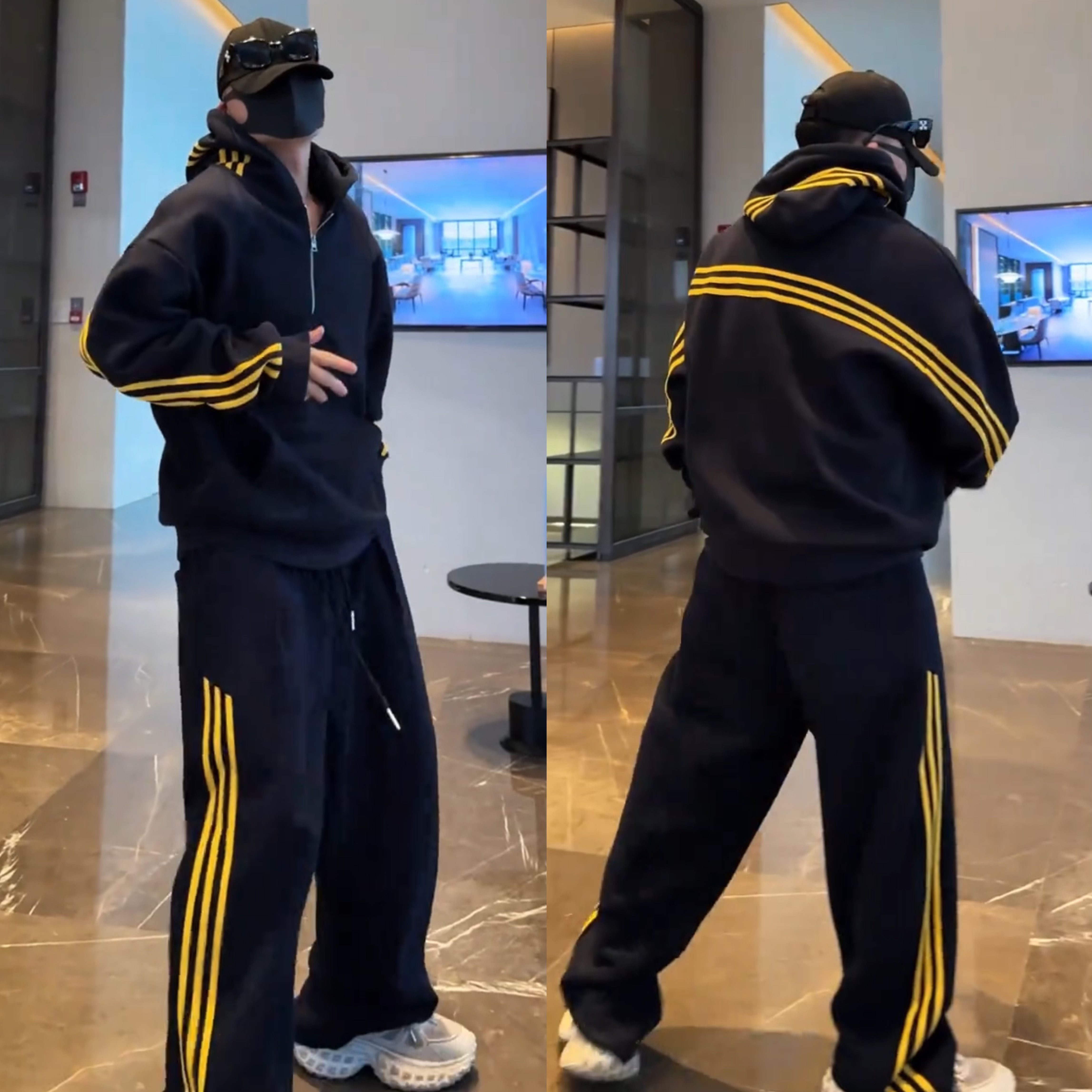 秋季经典三条杠运动休闲套装男宽松半拉链连帽卫衣阔腿长裤两件套,淘宝优惠券,粉丝福利购,淘宝优惠卷