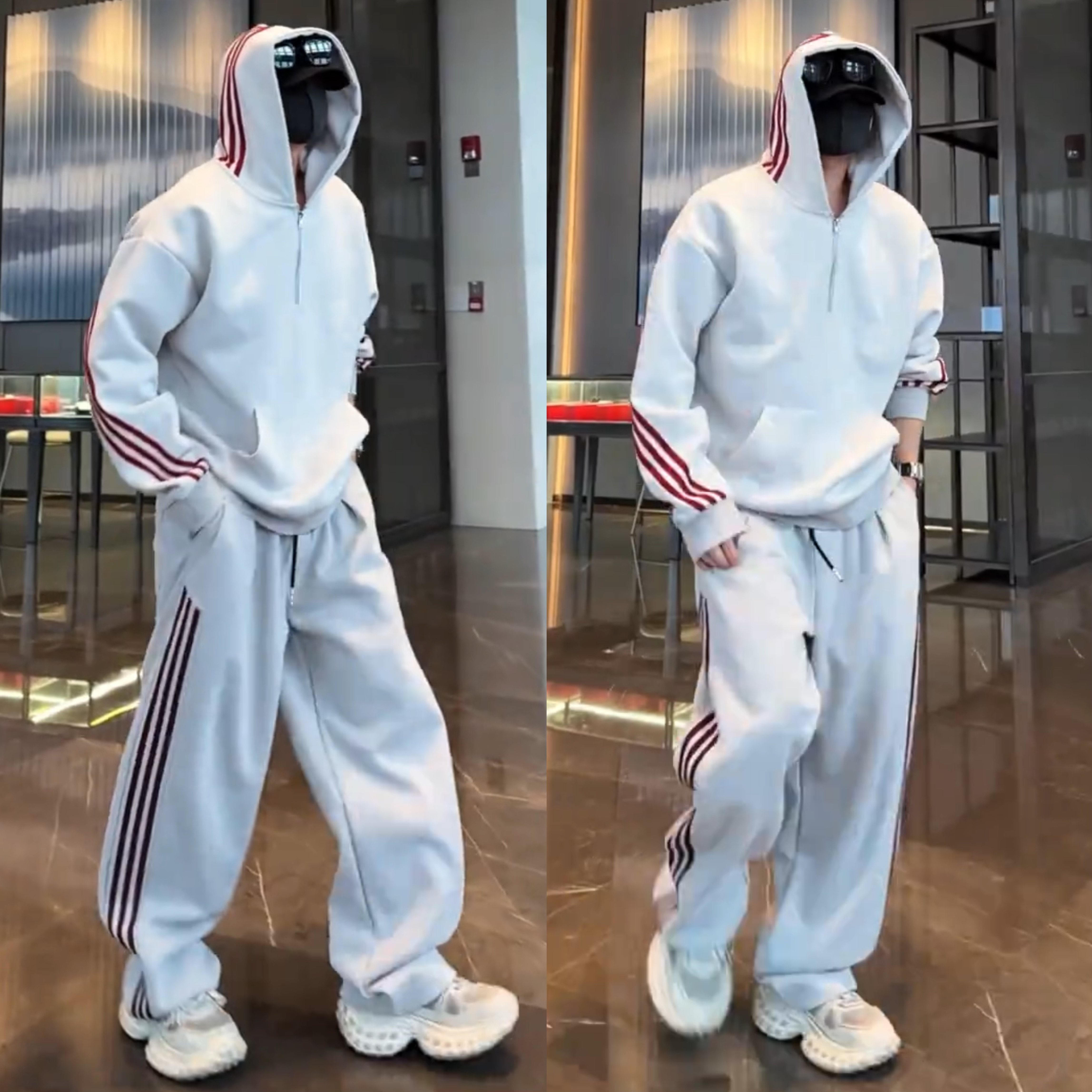 秋季经典三条杠运动休闲套装男宽松半拉链连帽卫衣阔腿长裤两件套,淘宝优惠券,粉丝福利购,淘宝优惠卷