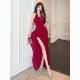Pure lust style Royal sister style all style red halterneck dress women's spring and summer vacation waist-cinching dress hip-covering skirt