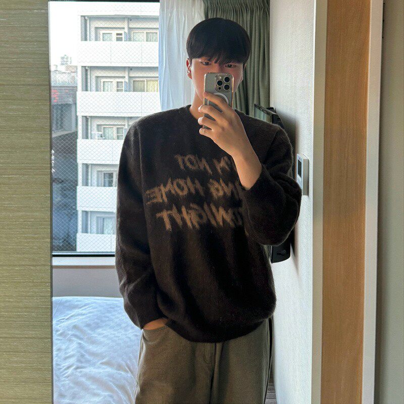 MRCYC马海毛套头圆领毛衣男冬季宽松保暖上衣韩系潮流印花针织衫,淘宝优惠券,粉丝福利购,淘宝优惠卷