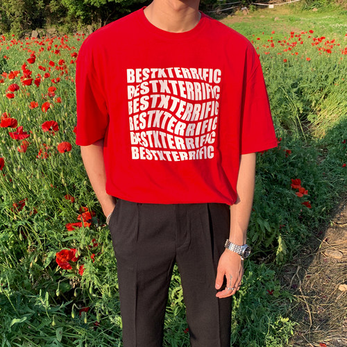 韩系超火cec短袖t恤男港风扭曲字母上衣抹红色情侣半袖ins宽松 - 图0