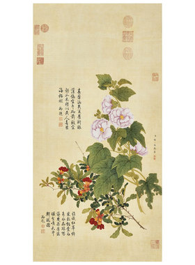 清邹一桂红桃白梨图卷轴新中式装饰画花鸟画客厅沙发玄关茶楼挂画