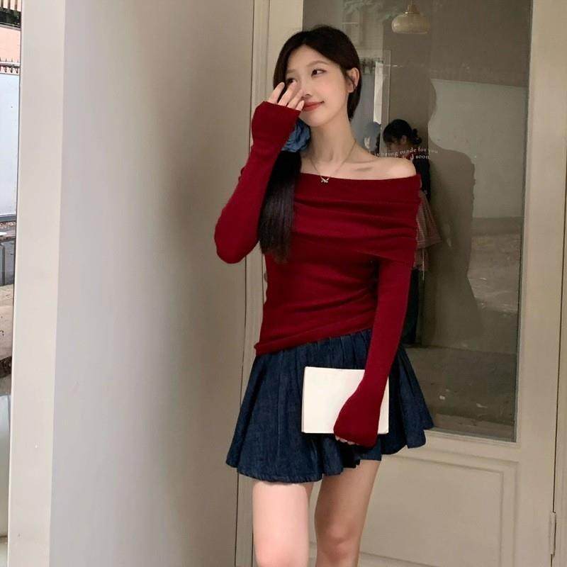 一字肩长袖t恤女露肩上衣性感打底衫,淘宝优惠券,粉丝福利购,淘宝优惠卷