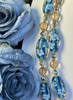 中古饰品手工水墨异形琉璃大珠叠戴颈链蓝色气质复古原创双层项链