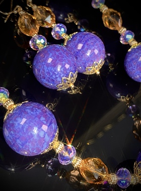 中古饰品手工紫色蛙皮老琉璃卡20毛衣链复古原创设计项链耳饰套装