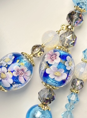 中古饰品双层银箔立体内花手工琉璃颈链蓝色流苏气质复古原创项链