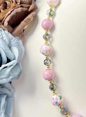 中古饰品搅胎云霞窑变大珠老琉璃蘸花点缀粉白色温柔高品原创项链
