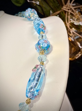 中古原创设计进口银箔琉璃花珠冰蓝色清新气质项链耳饰套装