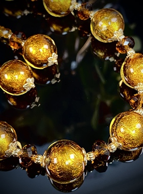 中古饰品银箔手工琉璃颈链金色气质华丽复古原创设计项链耳饰套装