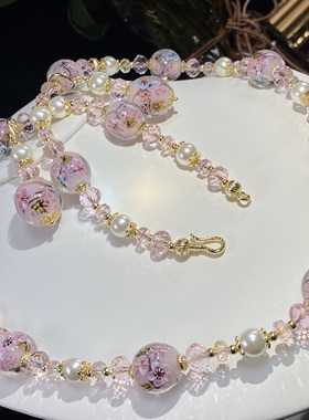 中古原创设计卡14重工内花粉樱花蝴蝶造景琉璃粉色毛衣链耳饰套装