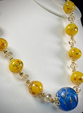 中古饰品卡20蓝色凤尾老琉璃黄凤眼琉璃圆珠复古气质项链颈链