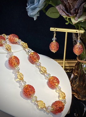 中古饰品银箔金橘色琉璃毛衣链卡18气质复古原创轻奢项链耳饰套装