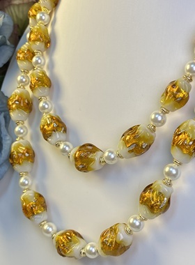 中古饰品双层金银箔手工琉璃颈链金色气质复古原创衣项链耳饰套装