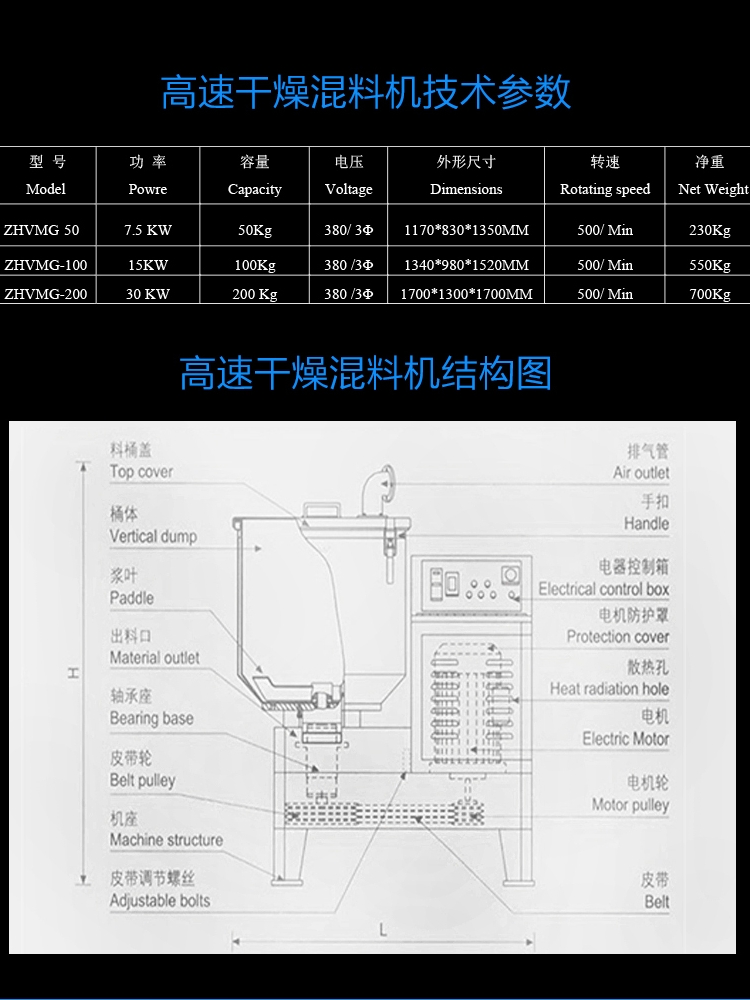 高速搅拌机不锈钢混色机粉末颗粒混合机塑胶加热拌料机水口混料机 - 图0