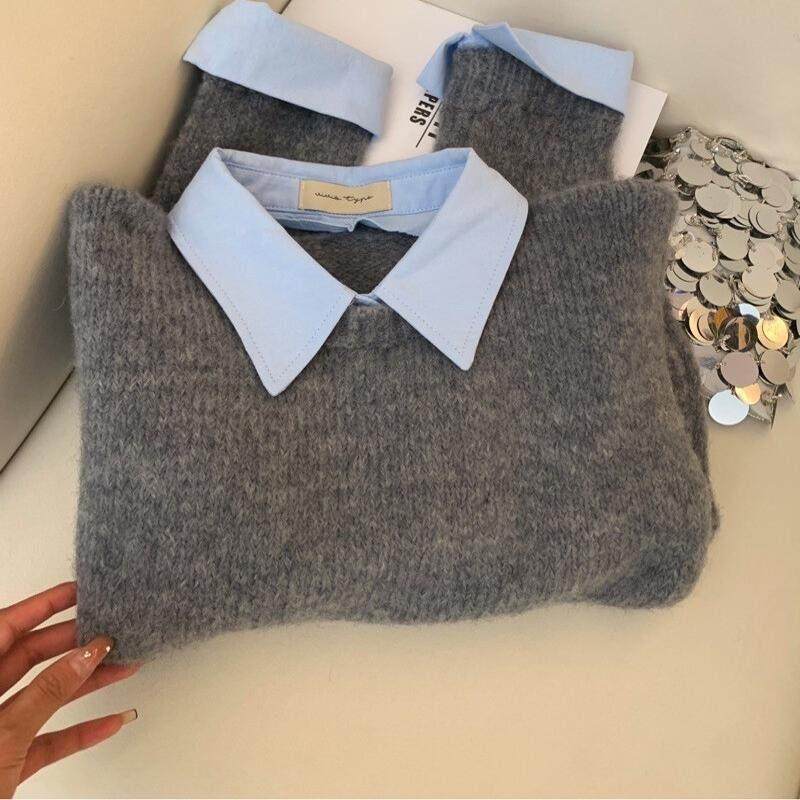 Rixo Rane撞色翻领毛衣 女装大码灰色长袖针织衫 法式假两件春秋,淘宝优惠券,粉丝福利购,淘宝优惠卷