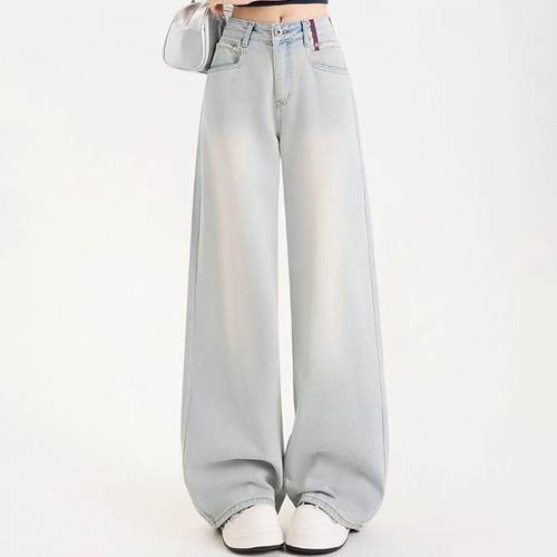 浅蓝色阔腿牛仔裤女秋季薄款2025新款高腰宽松撞色直筒休闲拖地裤 - 图2