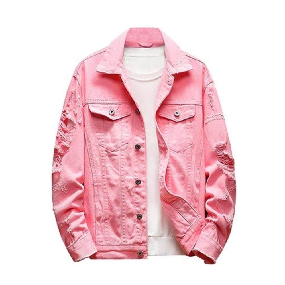 潮牌ins牛仔夹克男加肥大码破洞工装外套日系覆古粉色情侣款上衣,淘宝优惠券,粉丝福利购,淘宝优惠卷