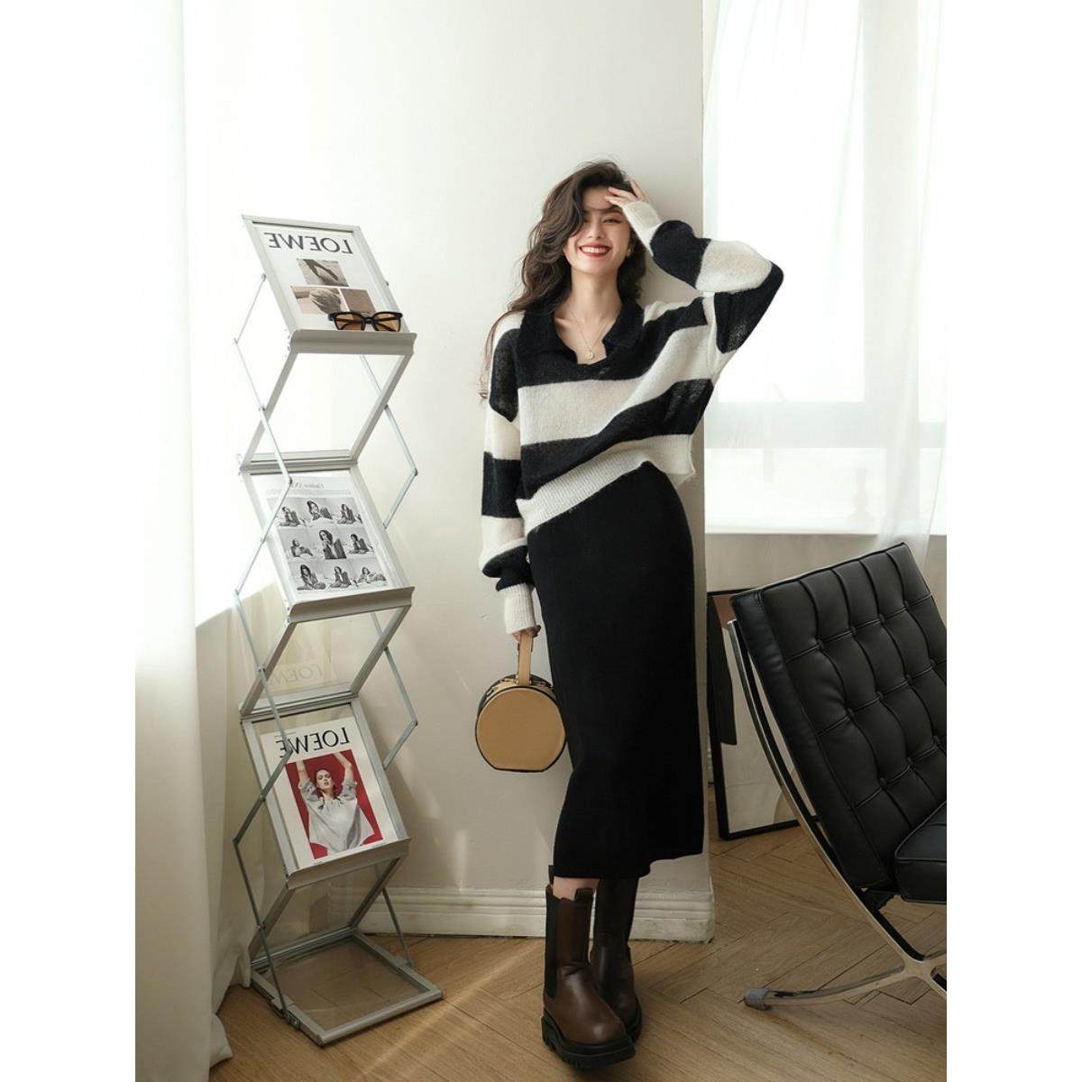 法国Rixo Rane 慵懒风条纹撞色针织衫女软糯马海毛毛衣polo衫上衣,淘宝优惠券,粉丝福利购,淘宝优惠卷