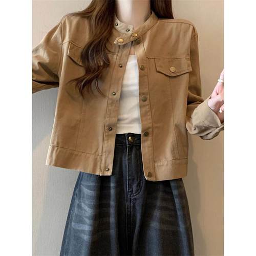 韩国大码胖mm美式立领夹克外套女春秋2025新款工装风正肩短款上衣 - 图0