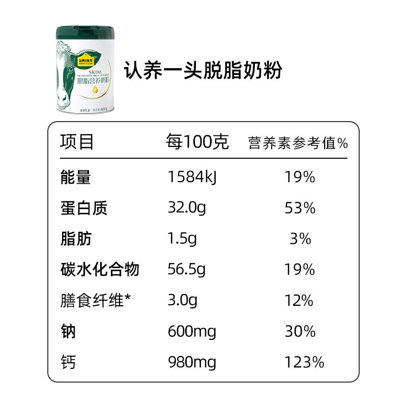 认养一头牛全脂脱脂牛奶粉高钙高膳食纤维全家营养奶粉成人礼盒装 - 图1