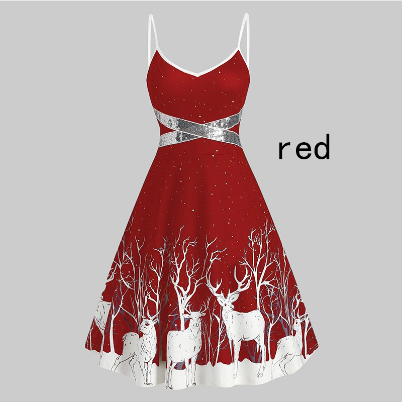 Christmas deer print suspender dress theme dress圣诞节连衣裙-图1