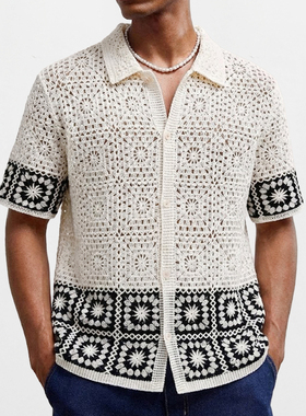 2026夏季欧美性感镂空短袖针织Polo衫男拼色休闲衬衣Men's shirts