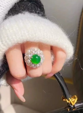 新中式风翡翠色帝王仿绿玉髓绣球花珍珠拼接款戒指指环女小众设计