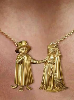 【婚典】复古礼服猫咪吊坠项链18k金色古典小众个性艺术感锁骨链