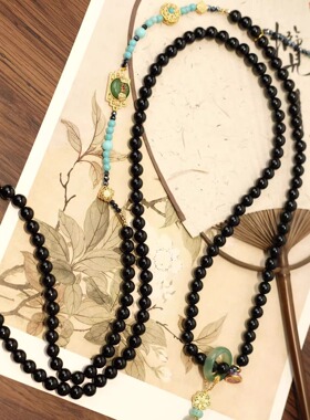 长款7a黑玛瑙国风圆珠斜跨链如意吊坠复古民族风新中式多圈项链女