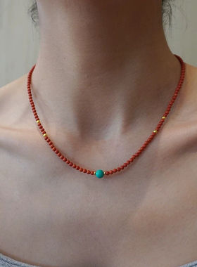 南红3mm珠新中式禅意长款项链绿松石吊坠配件叠戴国风锁骨链