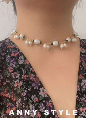 anna欧美天然巴洛克绿松石锁骨链