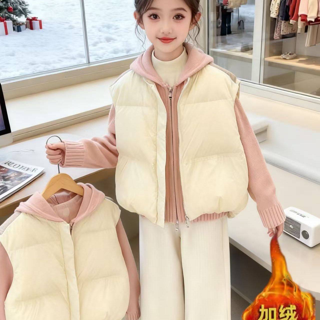 女童套装冬季2025新款韩版时髦保暖马甲毛衣加绒阔腿裤三件套,淘宝优惠券,粉丝福利购,淘宝优惠卷