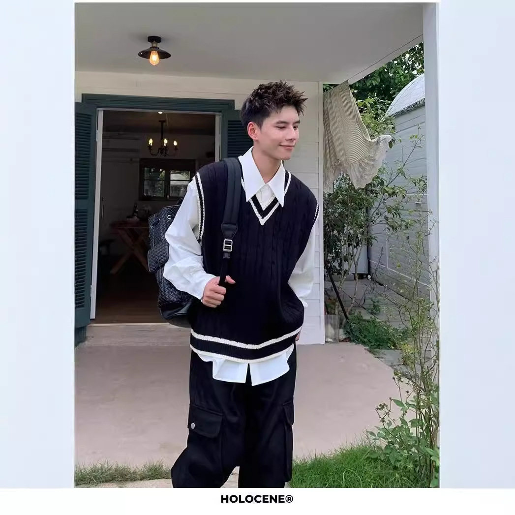 美式复古潮V领学院风针织衫马甲男秋冬季麻花撞色宽松背心无袖衫,淘宝优惠券,粉丝福利购,淘宝优惠卷