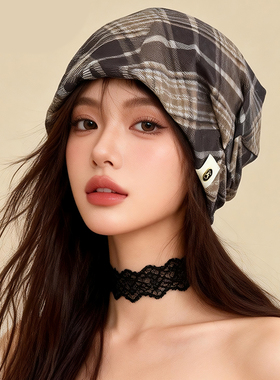 复古格纹堆堆帽女夏冷帽褶皱