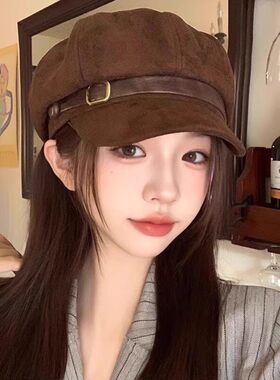 秋季复古皮带扣麂皮绒贝雷帽女