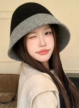 拼色针织系带渔夫帽女保暖显脸小