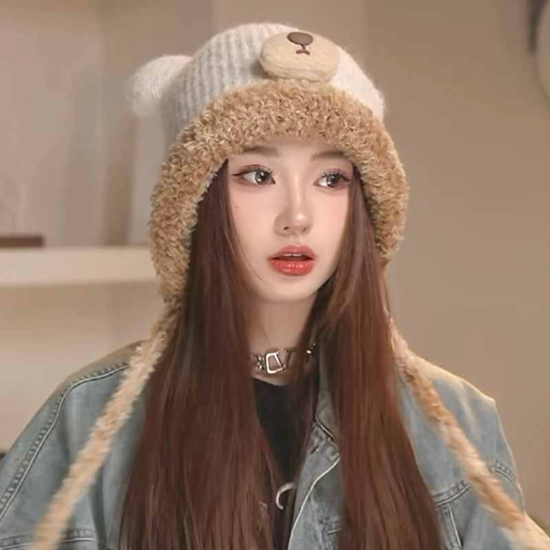 可爱小熊毛绒针织帽子女2025秋冬季保暖护耳包头毛线帽显脸小冷帽 - 图2