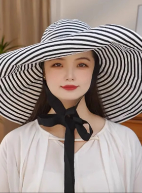 超大帽檐条纹渔夫帽夏季帽子女款户外海边沙滩防晒帽遮阳帽太阳帽