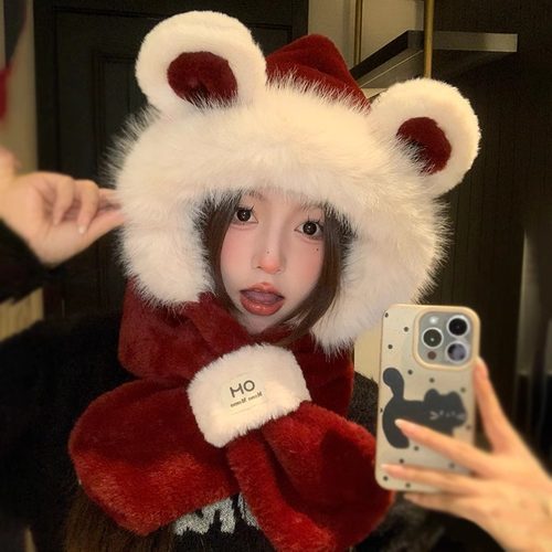 红色可爱小熊毛绒帽子围巾一体女2025秋冬保暖护耳骑行围脖两件套 - 图2