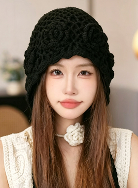 冬季手工钩花流苏针织包头帽女