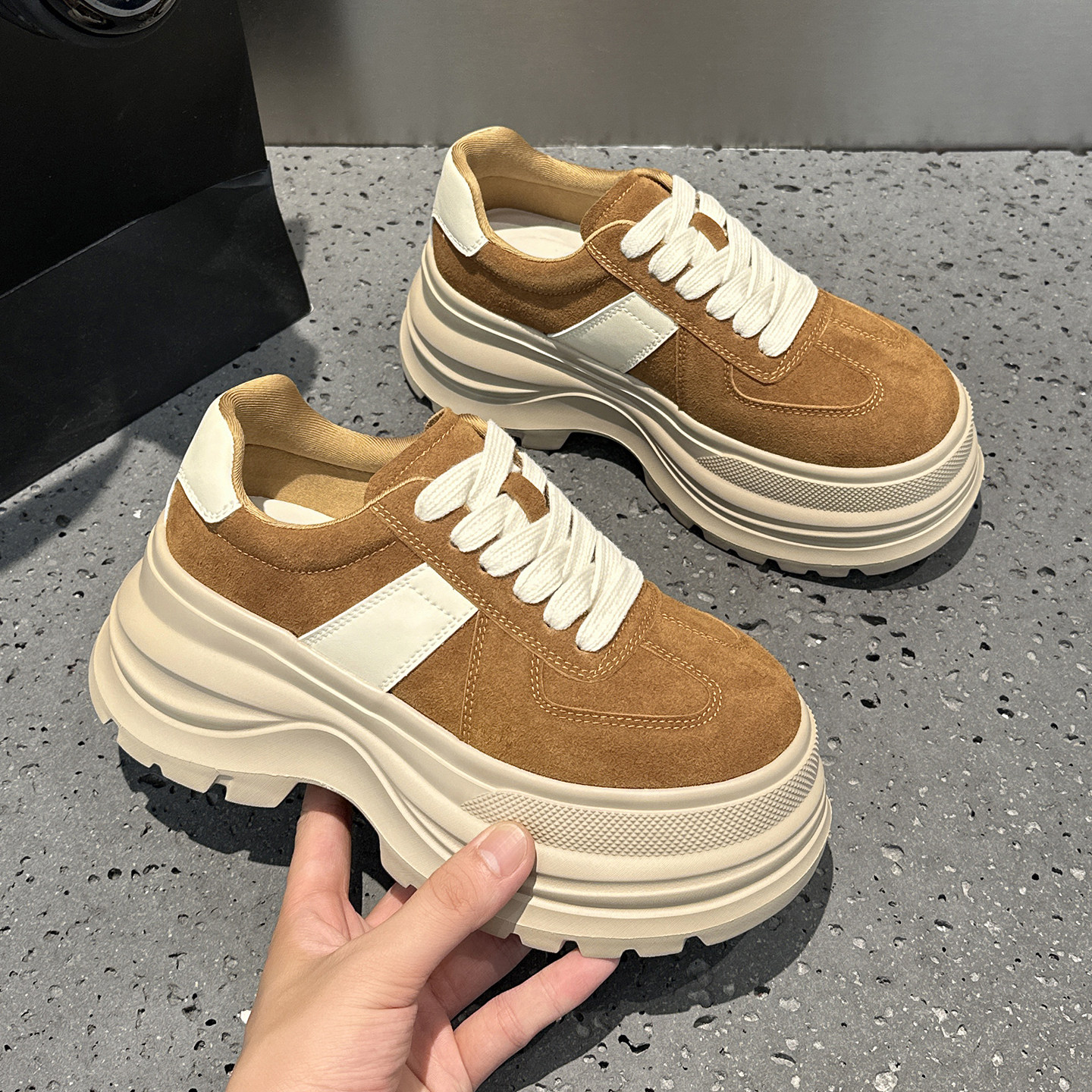 欧洲站真皮复古德训鞋女2025秋季新款爆款厚底增高8cm运动休闲鞋,淘宝优惠券,粉丝福利购,淘宝优惠卷