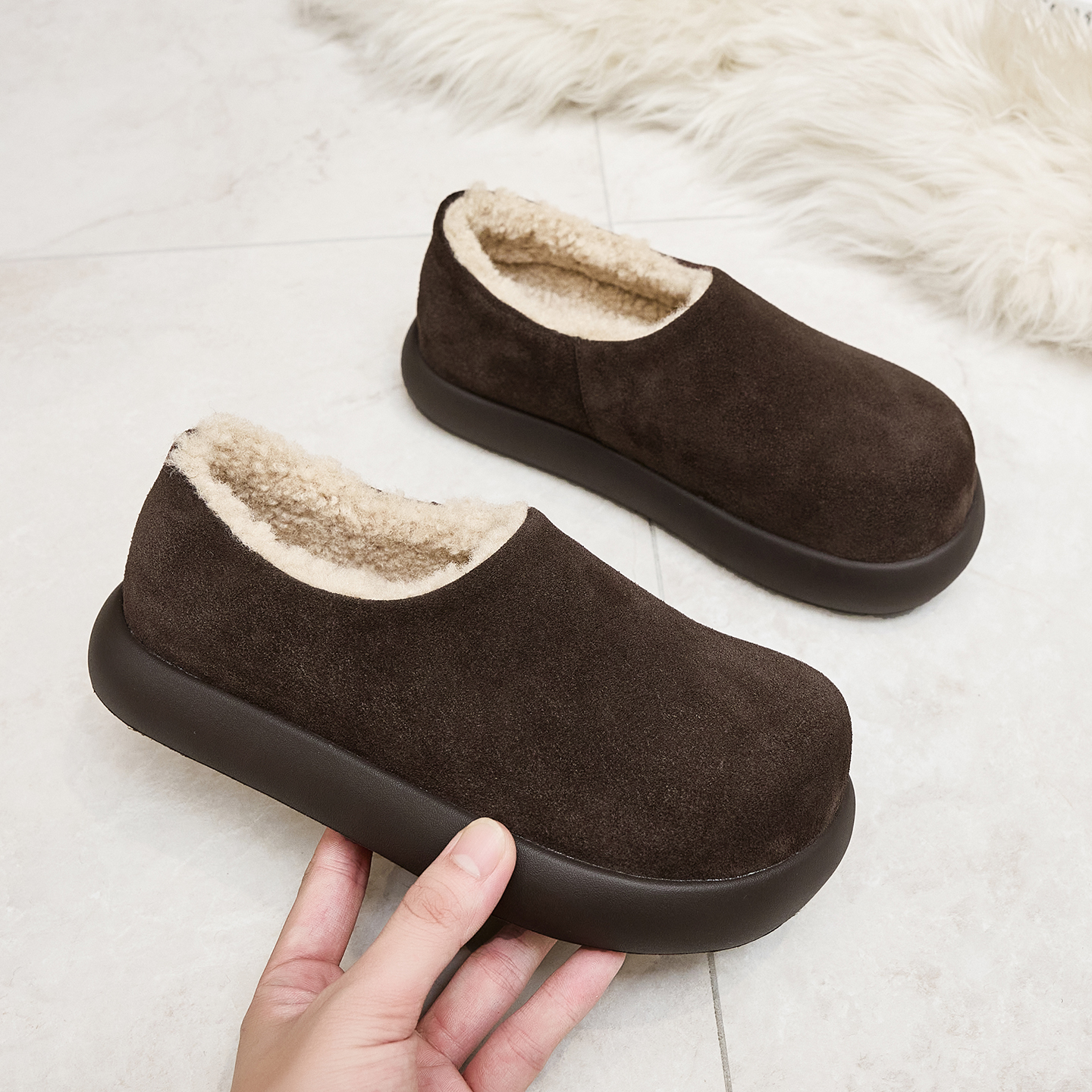 加绒保暖勃肯鞋女鞋2025冬季新款复古真皮软底懒人一脚蹬休闲板鞋 - 图3