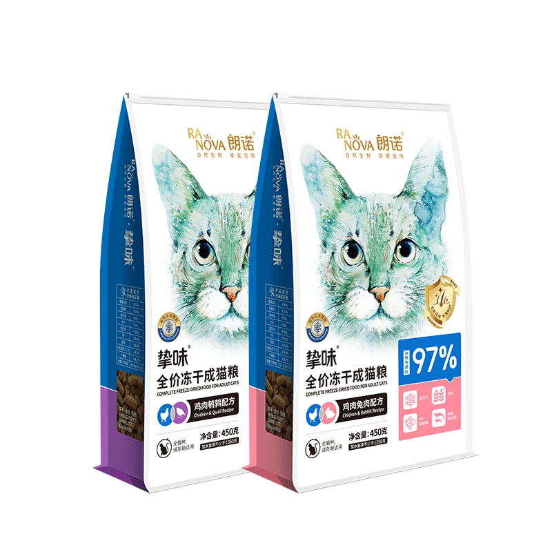 朗诺全价冻干猫主粮猫粮鸡肉三文鱼兔肉鹌鹑营养成猫粮450g*2袋 - 图3