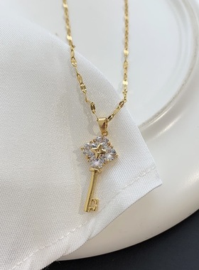 复古风钥匙钛钢项链女ins铜微镶气质小众设计感流苏锁骨链毛衣链