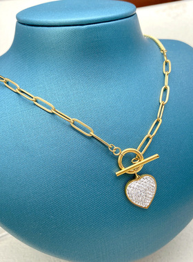 简约微镶钻OT扣爱心吊坠项链女轻奢小众设计感高级毛衣链秋冬饰品