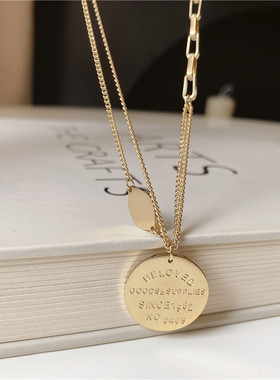 钛钢饰品不褪色可洗澡轻奢双层T扣圆牌项链女ins潮气质锁骨链可