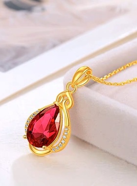 钛钢红色水滴吊坠项链女不掉色高级女士吊坠锁骨链节日送礼礼物